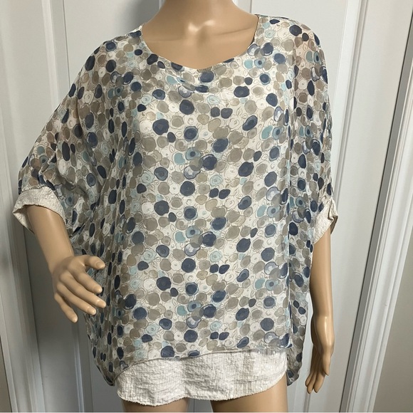 Blue and white polka dot sheer blouse with sequins - Picture 1 of 9